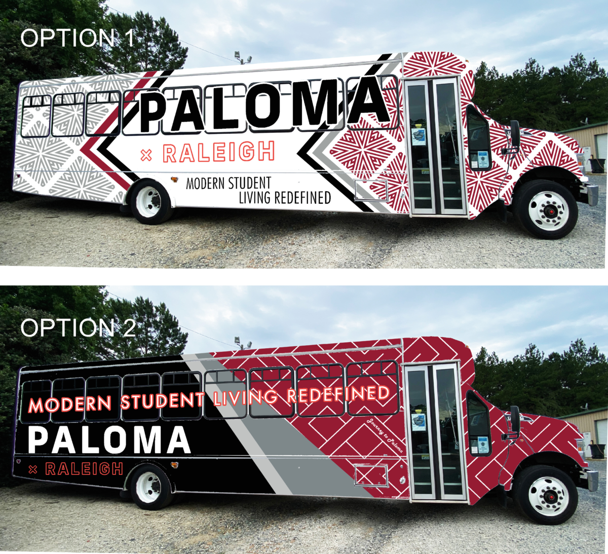 A bus featuring a large, colorful vehicle wrap promoting a local business and increasing brand visibility